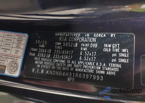 2024 Kia Carnival Mpv Lx Seat Package из США, поврежденный, VIN KNDNB4H31R6397993